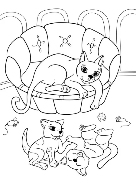 Детские раскраски книга мультфильм семьи на природе. Мама кошки и котята детей — стоковое фото