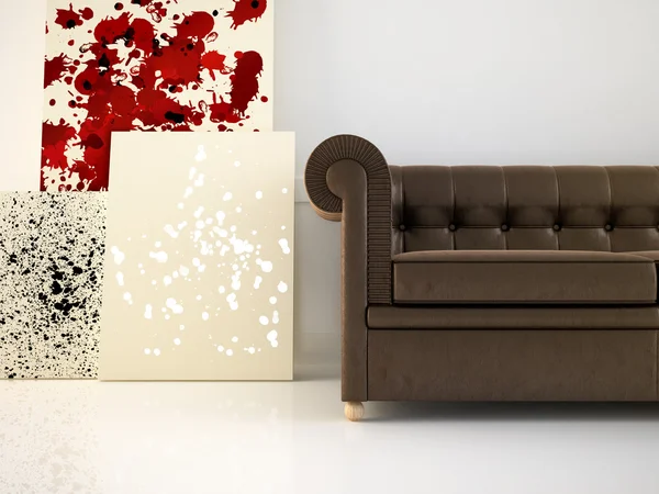 Кожаный диван и абстрактные холст — стоковое фото