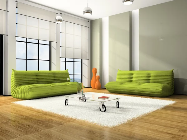 Современный интерьер с зеленым диваны — стоковое фото