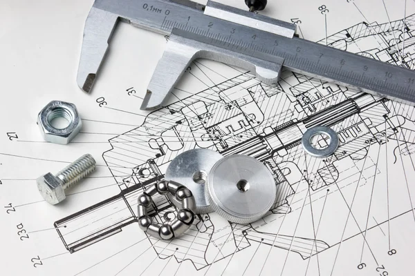 Механическая схема и Штангенциркули — стоковое фото