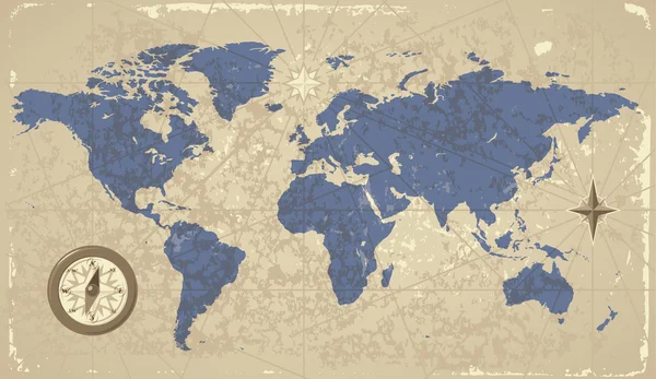 Карта мира, ретро стиле с компасом — стоковый вектор