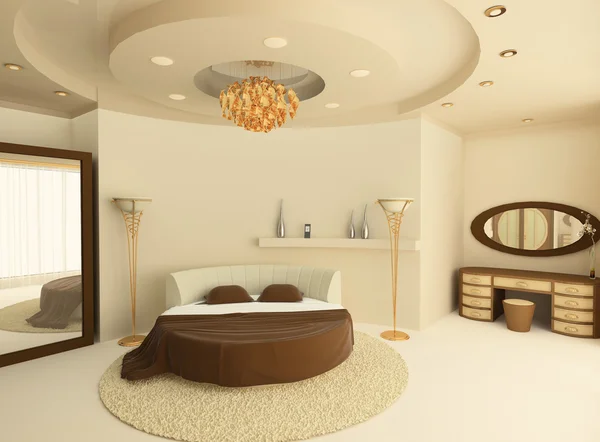 Круглая кровать с подвесной потолок в роскошной спальне — стоковое фото