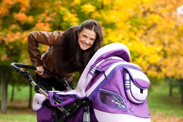Молодая мать с ребенком в коляске прогулки в парке — стоковое фото