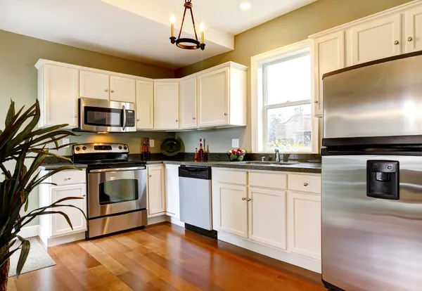 Классическая бело-зеленая новая кухня с вишневым полом — стоковое фото