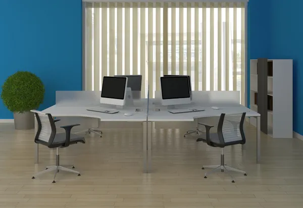 Системы Офисные столы с разделами в голубой интерьер — стоковое фото