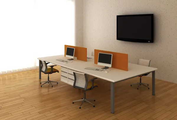 Интерьер офиса с системы Офисные столы и ТВ — стоковое фото