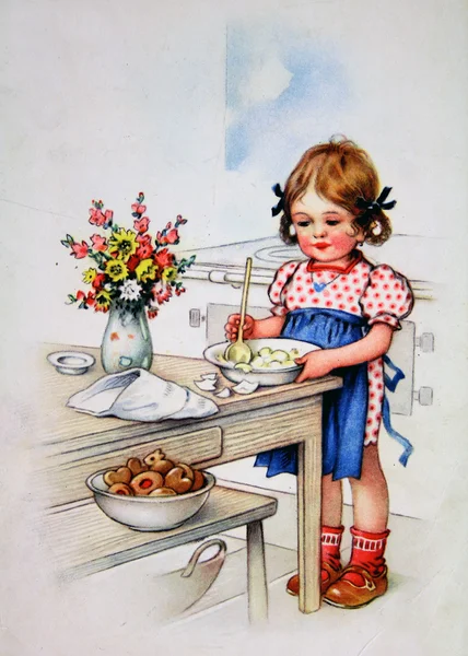 Girl coocking, antique postcard — стоковое фото
