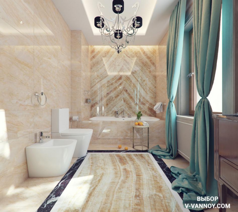 Неоклассика в пространстве ванной комнаты, объединенной с туалетом. Плавные переходы цвета и натуральная палитра оттенков характерны для данного стиля.