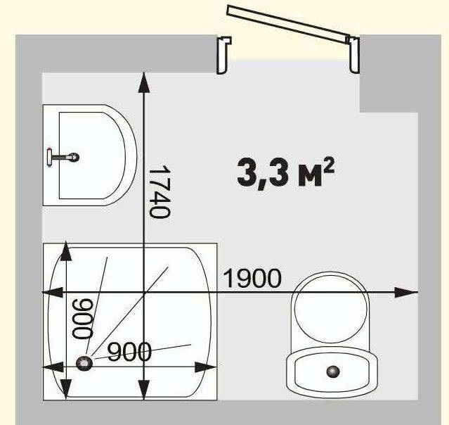Проект ванной комнаты площадью 3,3 кв.м